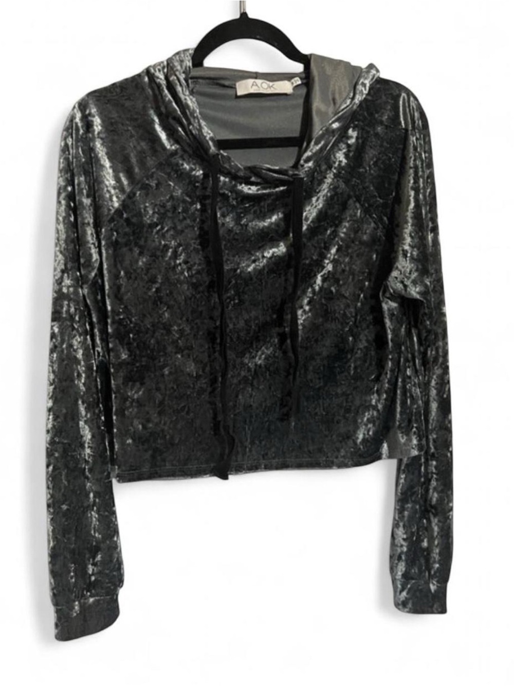 Y2K A.OK Silver Velour Crushed Velvet Crop Hoodie Medium